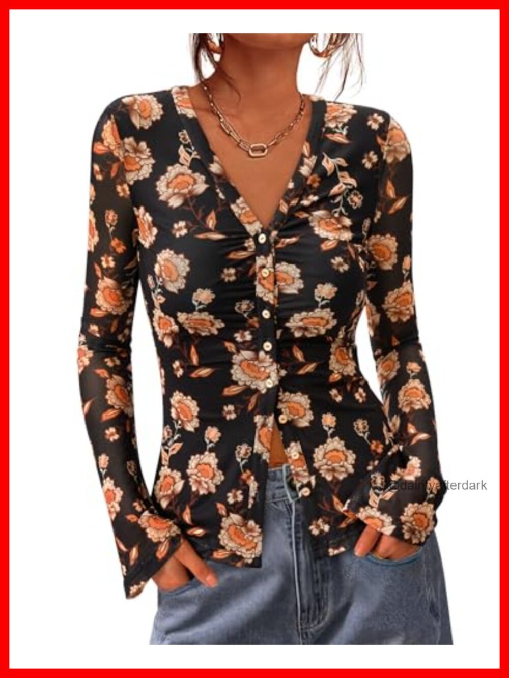 Mesh Floral Button Down Blouse V-Neck Ruched Long Sleeve Boho Top